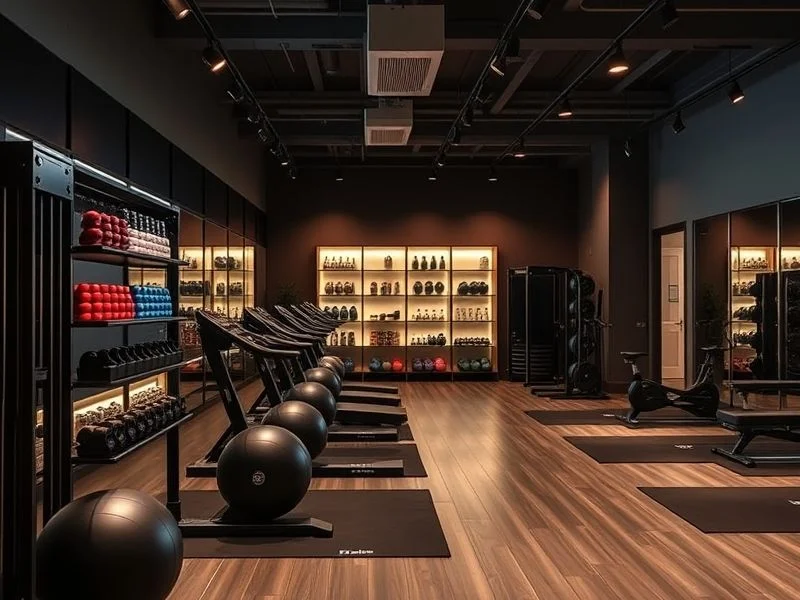 A powerful female figure executing a complex fitness maneuver in a futuristic, sleek gym environment with neon strip lighting.